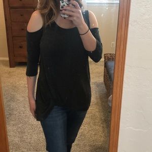 Grey open shoulder top.